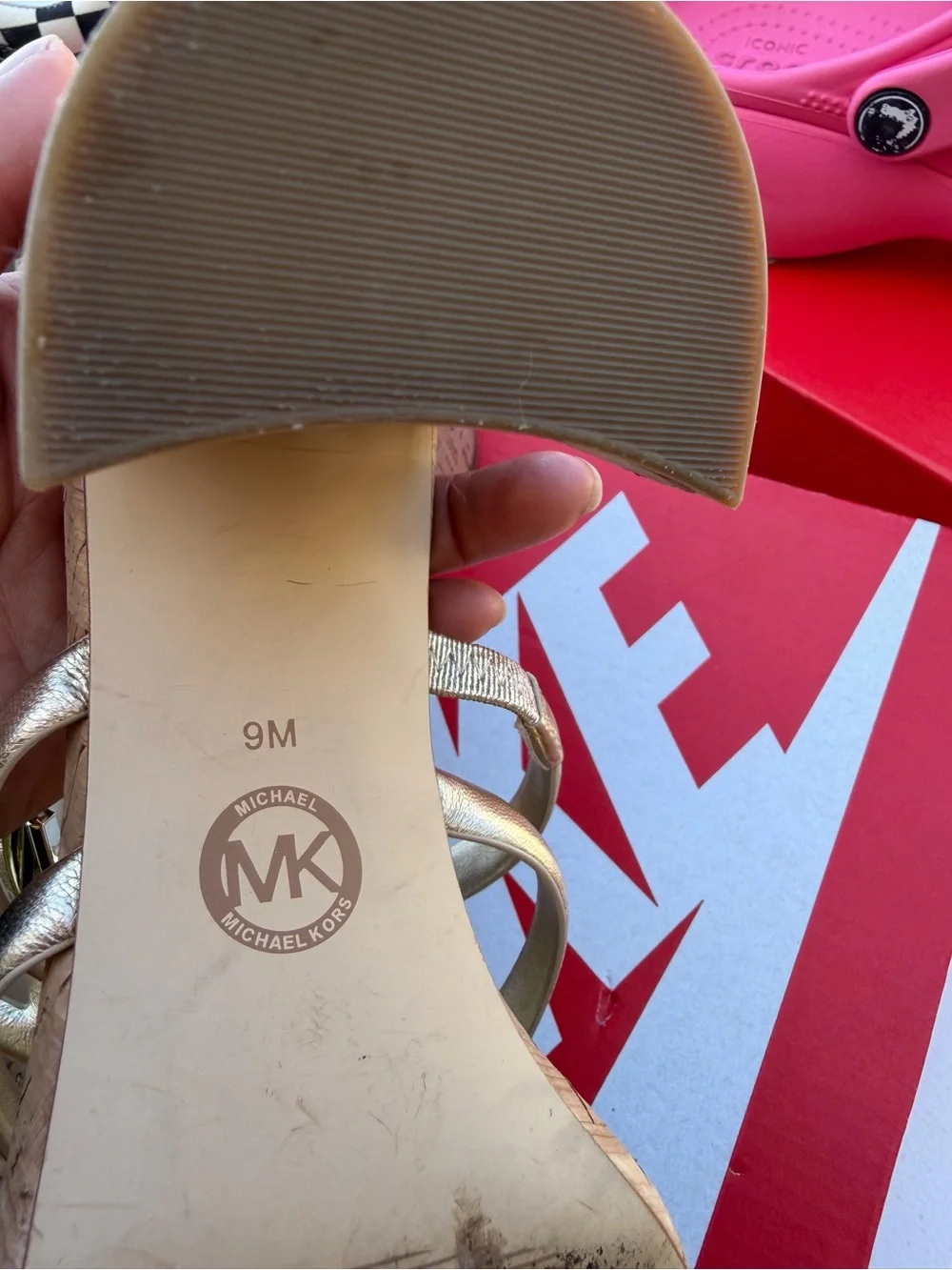 Michael Kors Gold Metallic Logo Cork Wedge Sandals